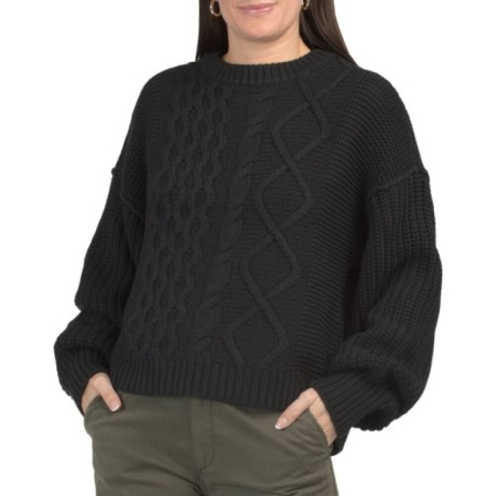 Free People Black Dream Cable Crew Neck Sweater Bubble Sleeve Oversized Size M